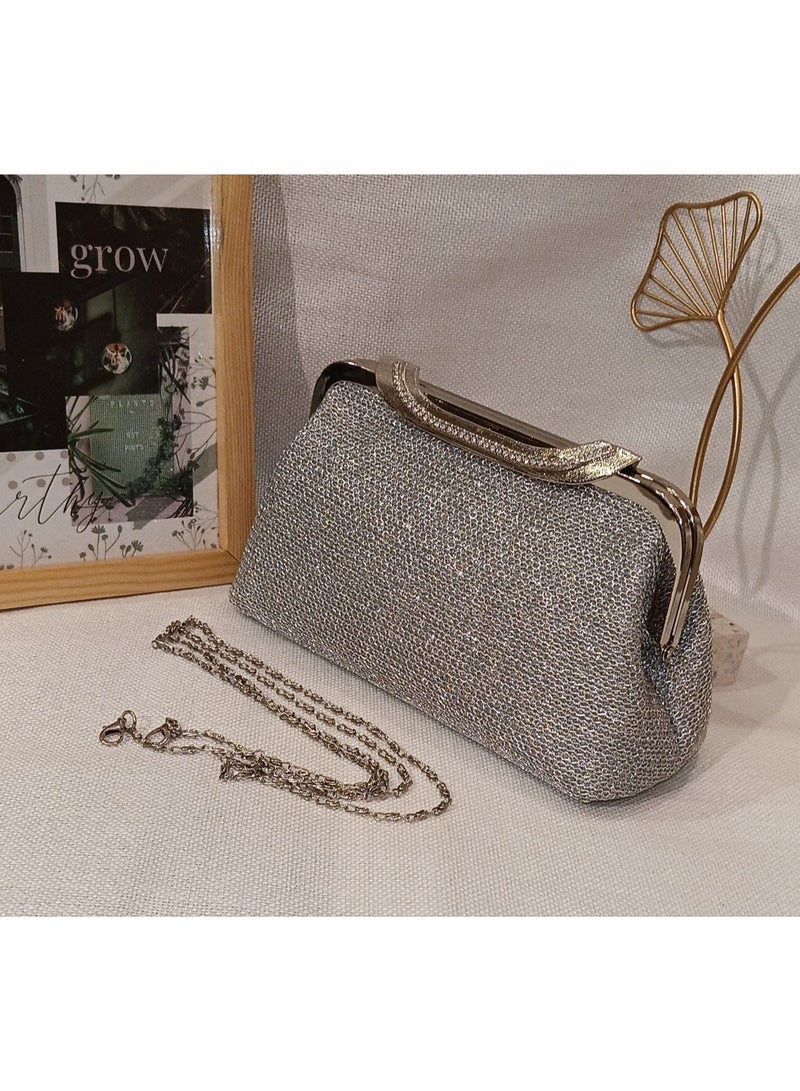 An evening and special occasion bag with a metal chain handle